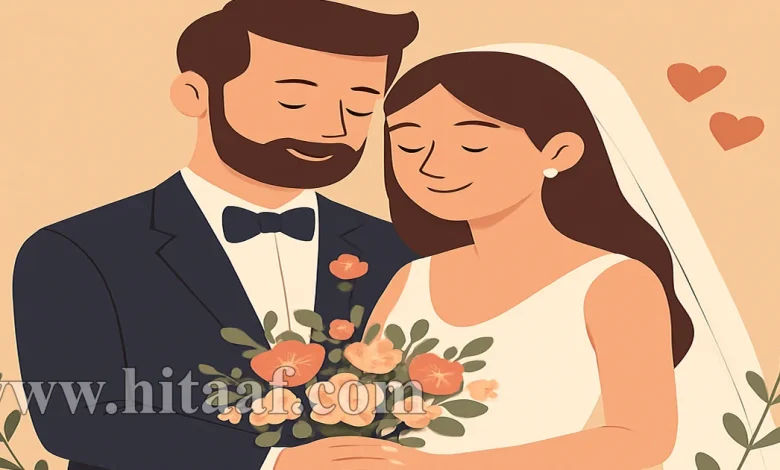 رسم توضيحي لعروسين يحتفلان بيوم الزواج ويبتسمان أثناء الإمساك بباقة زهور